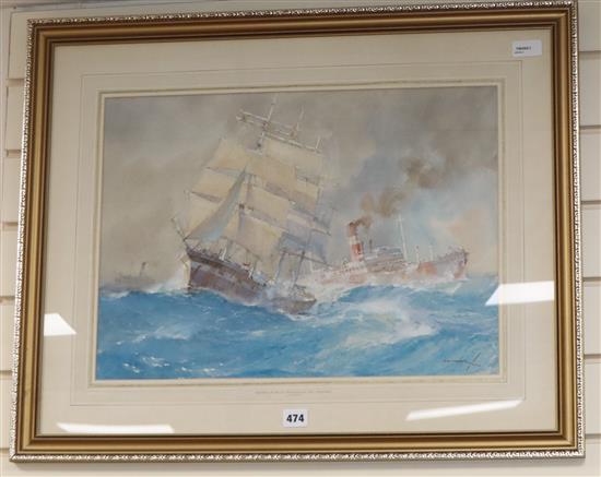 Charles E Turner (1883-1965), Shipping in Heavy Weather in the Channel, signed, watercolour